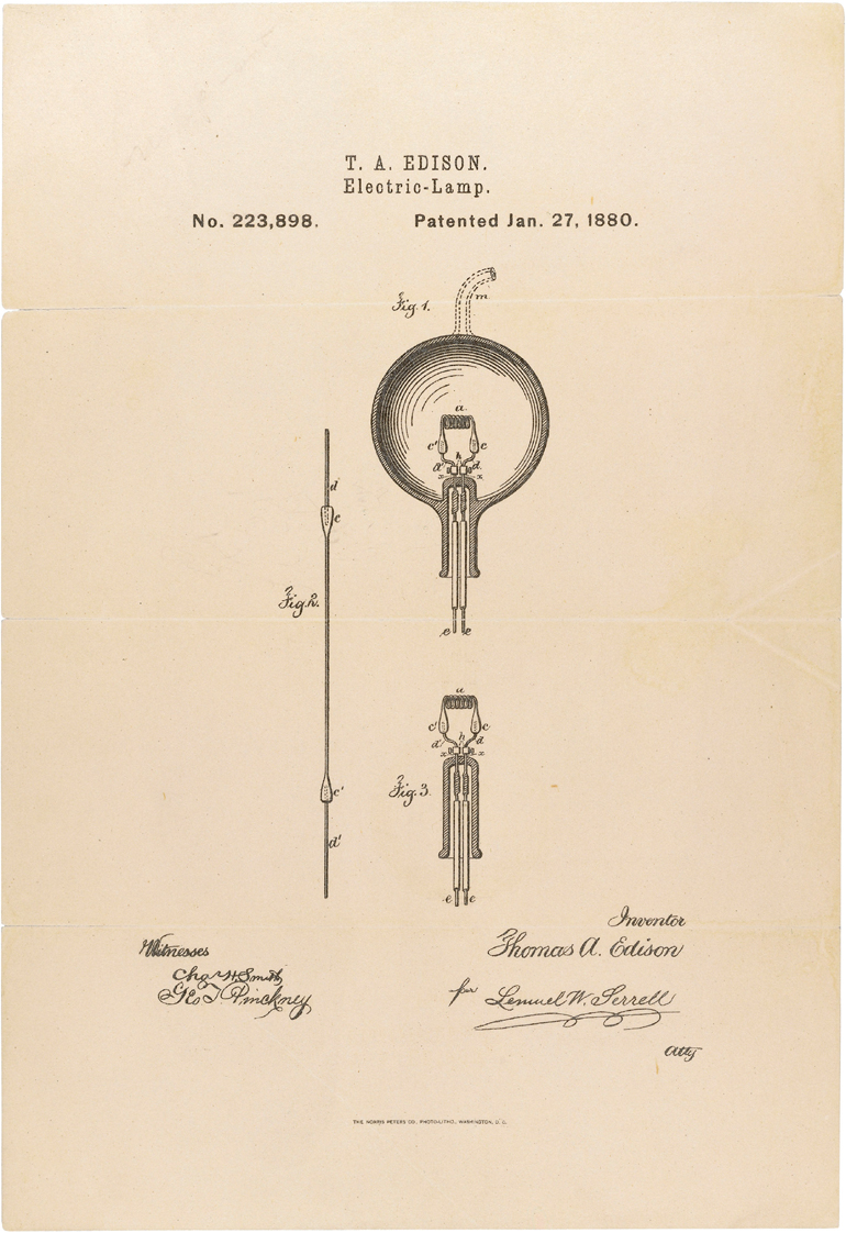 Thomas Edison 1880 electric lamp patent drawing showing the incandescent bulb in multiple views with sectional detail